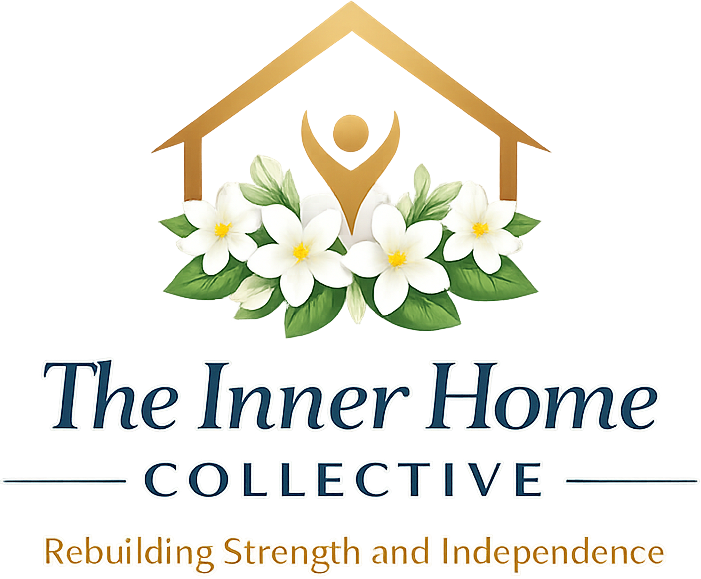 The Inner Home Collective logo &mdash; a home, a rising figure, and flowers representing safety, hope, and renewal